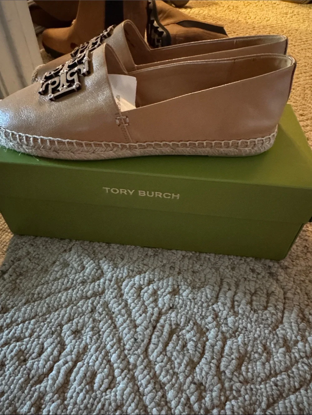 Tory Burch Tan Leather Logo Espadrille Flats